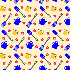 Garden Tool Pattern with Spring Flowers. Background Design for Gardening Projects, Wrapping Paper, Eco Themed Stationery, Spring Home Decor, DIY Craft Papers and Digital Scrapbooking Use