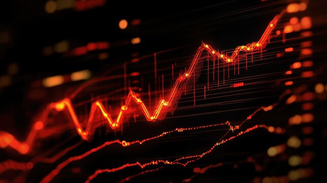 Sharp red data lines crossing smooth flowing waves, reflecting financial instability