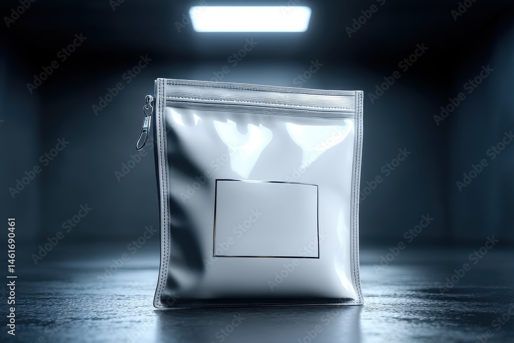 Poster an isolated glossy white ziplock packet with a blank label set on a polished surface, with reflectiv