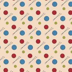 Knitting Pattern with Colorful Yarn Balls and Needles. Cozy Background Design for Wrapping Paper, Textile Prints, DIY Craft Projects, Knitting Blog Illustrations, and Handmade Product Packaging