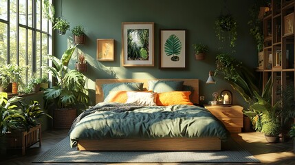 Stylish interior of bedroom with houseplants 