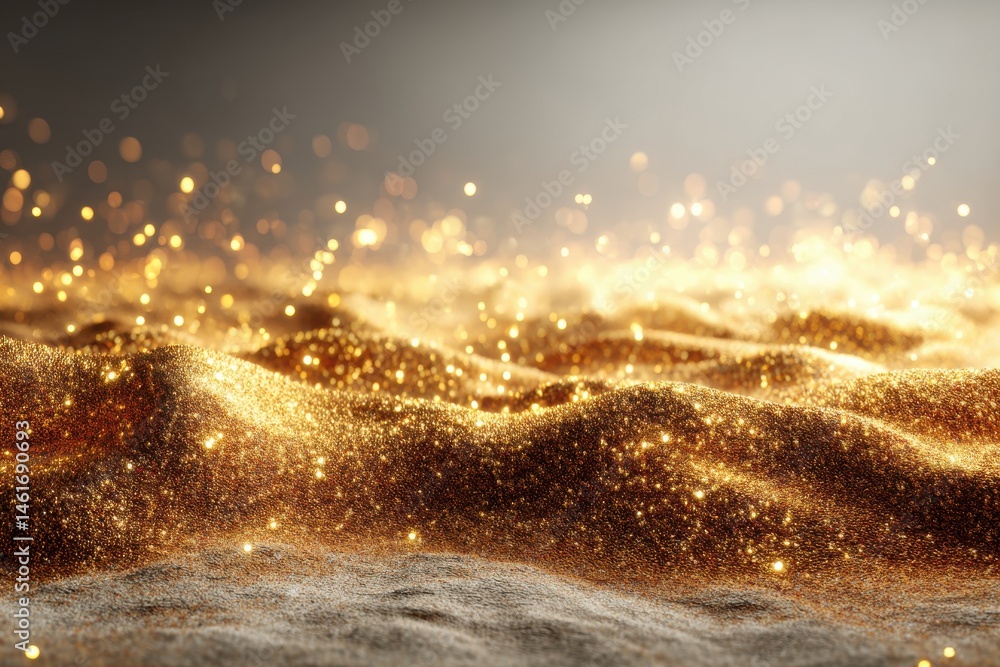 Poster golden glitter on a rippled surface creates a dynamic and shimmering abstract design, perfect for ad