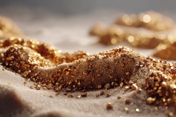 Fototapeta premium A shimmering and captivating close-up of golden sand dunes, creating a surreal and luxurious landscape, featuring a beautiful warm and glittering tone landscape.
