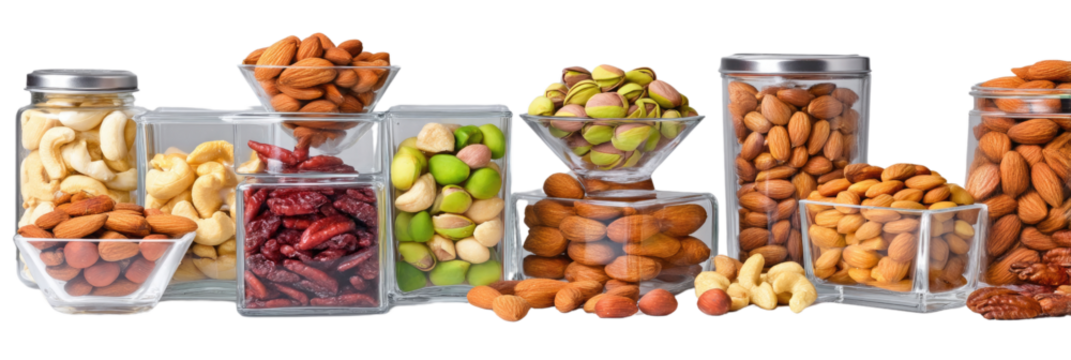 A variety of nuts and dried fruits are displayed in clear glass containers, showcasing almonds, cashews, pistachios, and more. The arrangement highlights colors and textures