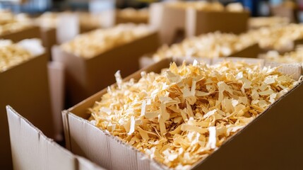 Shredded paper filling cardboard boxes on a factory floor, boxes neatly stacked for easy handling