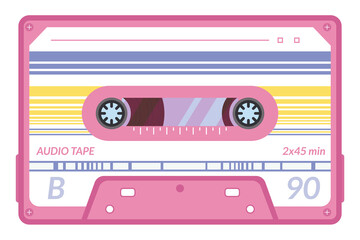 Vintage tape cassette. Retro mixtape, 1980s pop songs tapes and stereo music cassettes. 90s hifi disco dance audiocassette, analogue player record cassette. Isolated symbols 