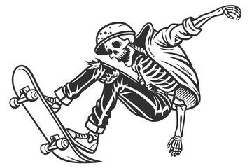 46 Skeleton skateboarder, dynamic pose, black and white illustration, punk rock style, detailed anatomy, grinning skull, skateboard trick, hand-drawn artwork, stippled shading, edgy graphic design, ur