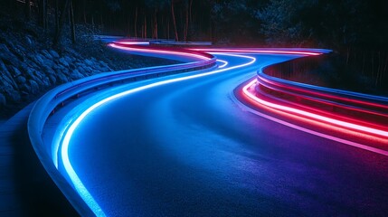 Winding road at night, glowing lights