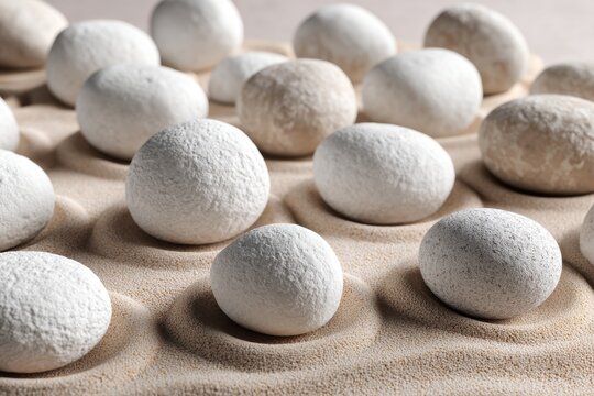 A zen garden with several white round stones arranged on a textured sand, creating a peaceful and meditative atmosphere, evoking tranquility and balance in nature.