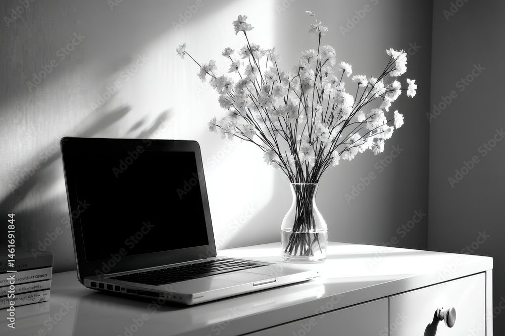 Poster a minimalist workspace with a laptop and a vase of flowers, creating a calm and productive atmospher