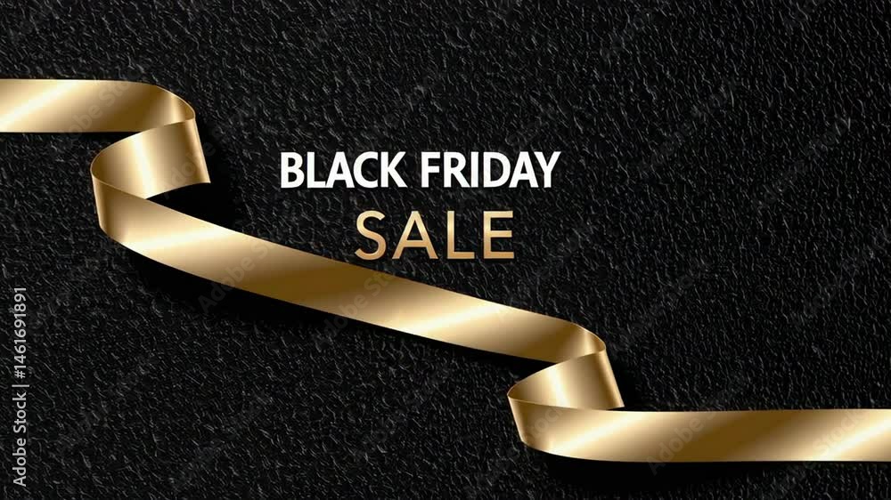 Poster Golden ribbons elegantly curl across textured black backgrounds, repeatedly displaying the enticing message black friday sale in a visually appealing arrangement