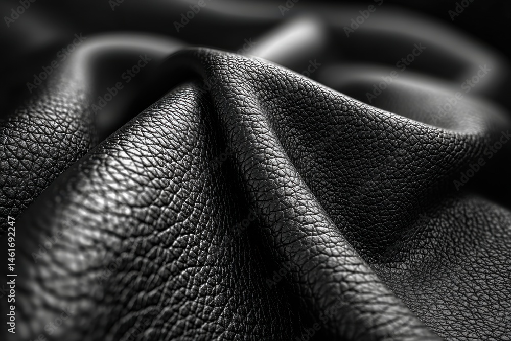 Poster close-up shot of dark, luxurious leather showing intricate grain and texture, creating a visually ap