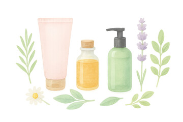 ナチュラルコスメとハーブの水彩イラスト アロマオイルと植物のボトルセット
