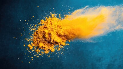 Side-blast of yellow turmeric powder against a cool aqua blue background with vivid particle separation