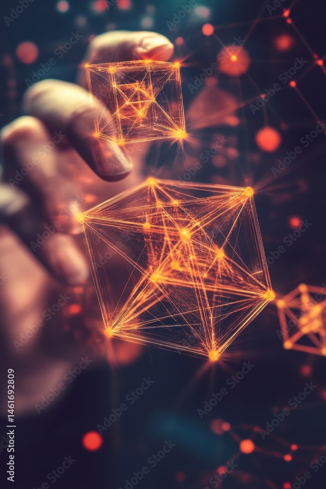 Poster hand manipulating glowing geometric shapes representing blockchain technology and data networks in a
