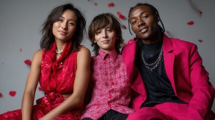 Diverse group of stylish young people dressed in vibrant red and pink clothing with rose petals background