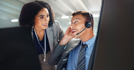 Customer service, call center and business people on computer for training, online help and...