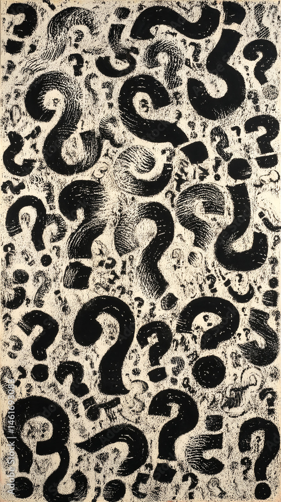 Poster Abstract art featuring numerous black question marks on an off-white background, creating a textured and inquisitive pattern, symbolizing uncertainty, inquiry, or the search for answers