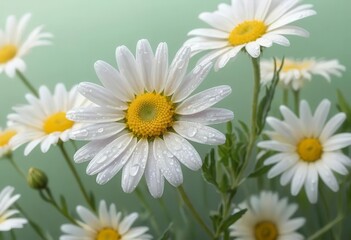 Fresh Daisies with Water Droplets on Green Background