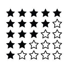 Five stars quality rating review, feedback sign icon collection. Five star rating, positive feedback icons. Customer product rating, review with five black stars.