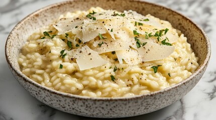 Rich creamy risotto bowl with shaved parmesan and herb