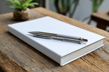 A silver ballpoint pen resting atop a pristine white notebook on a wooden surface, with a potted green plant in the background creating a simple and clean aesthetic scene.