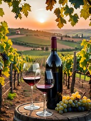 Naklejka premium Wine Glasses And Bottle With Barrel In Vineyard At Sunset