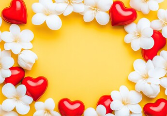 A yellow background encircled by red hearts and white flowers