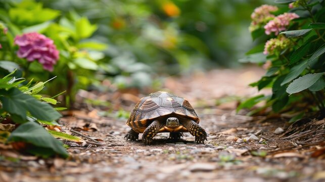 Box turtle crossing a garden path.