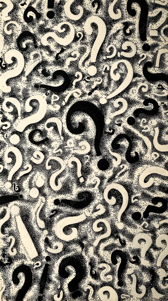 Poster abstract background with black and beige question marks on a dotted texture, symbolizing uncertainty