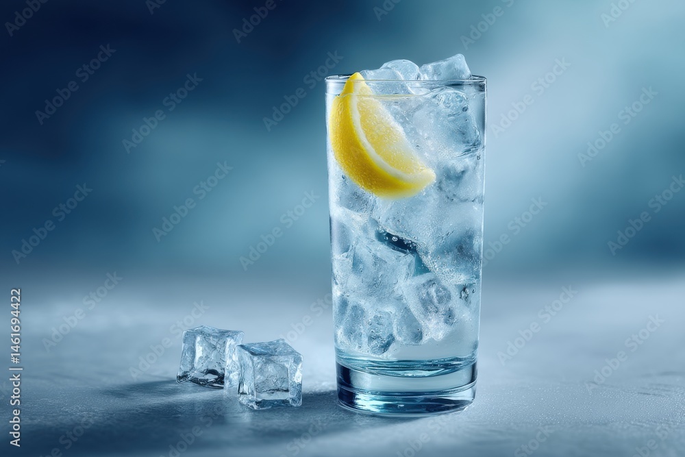 Poster a refreshing glass of sparkling water filled with ice and a lemon wedge, featuring two additional ic