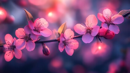 Pink blossoms branch, sunset garden, spring bloom, nature wallpaper