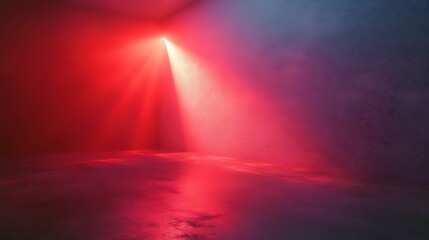 A powerful beam of light cuts through a red and purple space with a soft, reflective surface.