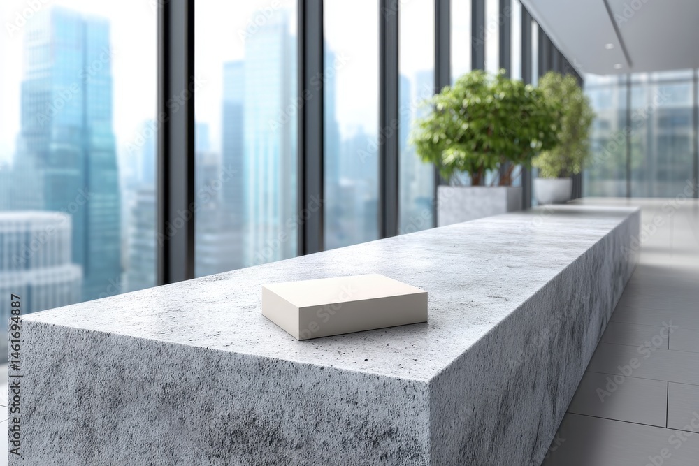 Poster a modern office interior with a concrete counter and a small box, featuring a large window with a ci