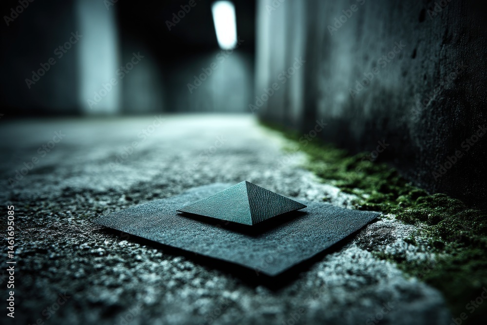 Poster an enigmatic and intriguing scene featuring a pyramidal shape on a textured surface, set against a b