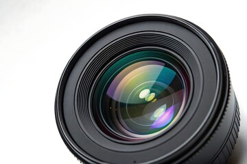 Camera lens close-up photography equipment on white background