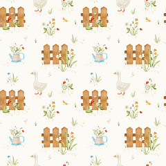 Cute pattern with geese, wildflowers and berries
