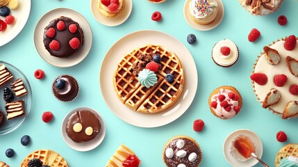 Delicious assorted sweet treats flatlay photography background image food blue cakes tasty cream