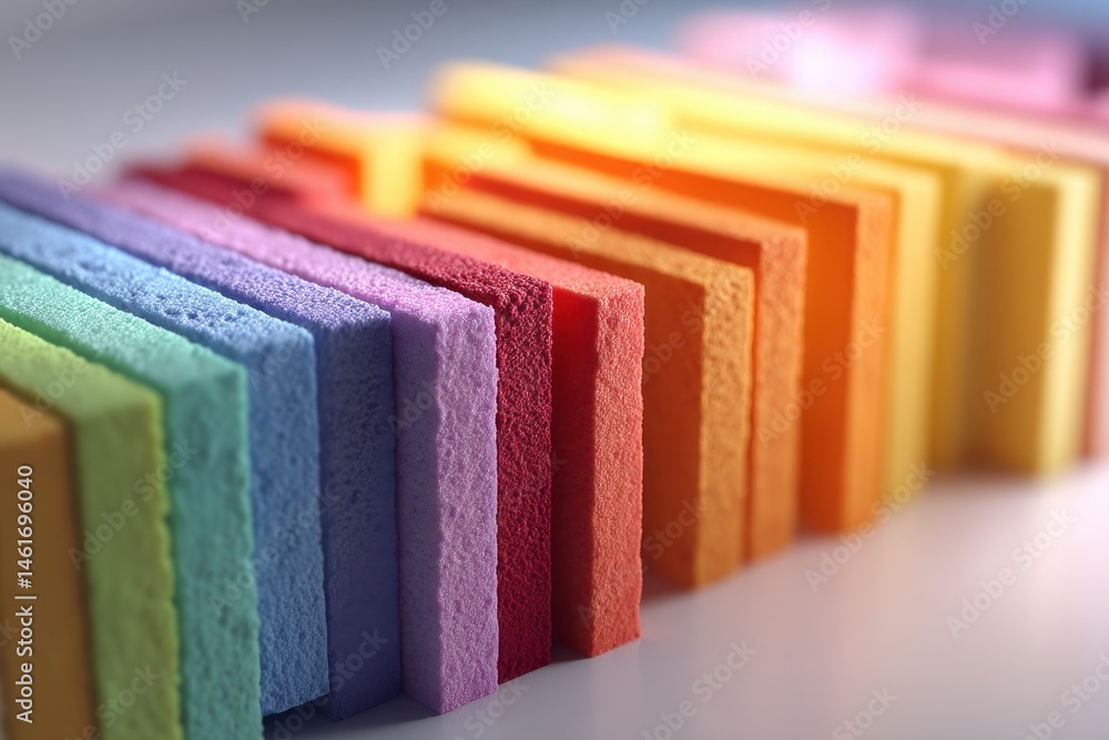 Poster abstract rainbow colored foam blocks arranged in a neat row, creating a visually appealing gradient 