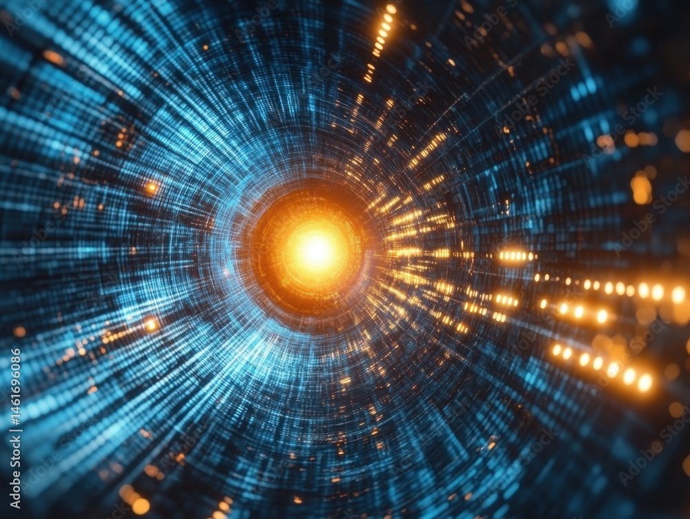 Poster abstract tunnel perspective of data flow with glowing light at end in blue and orange tones