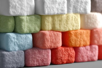 A colorful stack of square marshmallows, with a soft and sweet texture, perfect for hot chocolate, adding a fun and playful touch to any dessert or snack.
