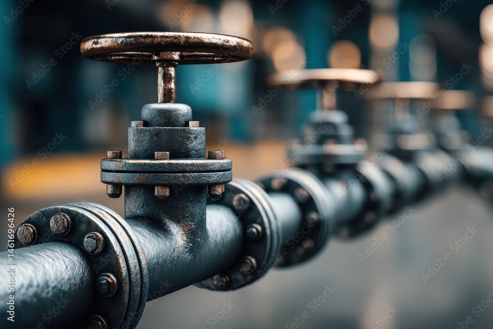 Poster a row of industrial valves on a pipeline, showcasing intricate details and a robust design. the focu