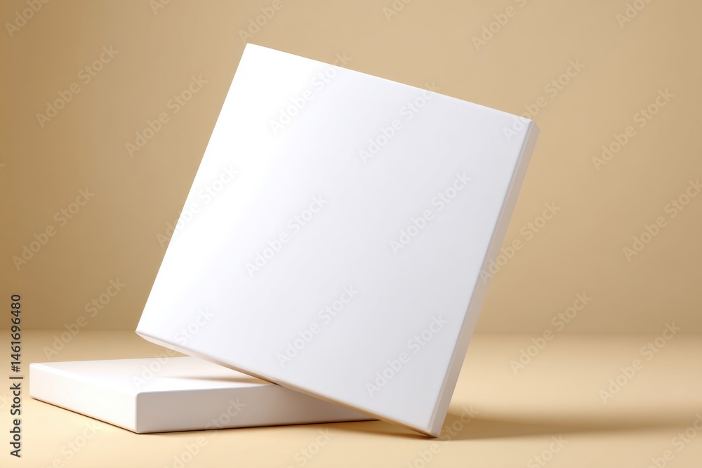 Poster a minimalist display featuring a blank white canvas and platform on light background, ideal for show