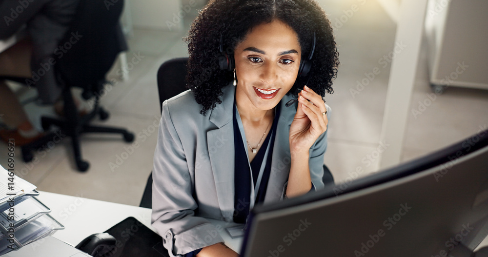 Poster call center, top view and happy businessman in office consulting for contact us, crm and tech suppor