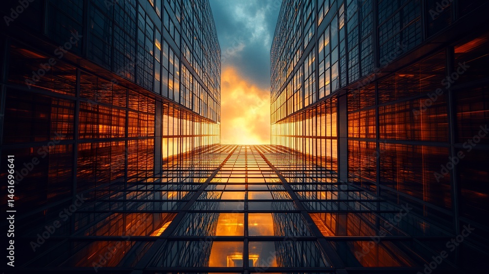 Poster symmetrical glass building with structured window grids, golden light within, low upward camera angl