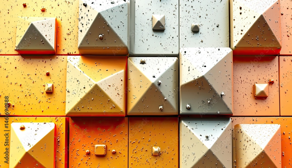 Poster abstract geometric pattern of squares and pyramids in warm tones. square and pyramidal shapes in a r