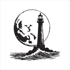 Fototapeta premium Vintage lighthouse with full moon illustration, Nautical ocean waves and night sky black ink art.