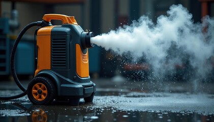 Fototapeta premium Steam cleaning machine in action, water droplets, house, wet