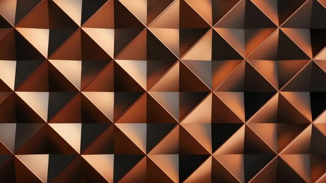 The light shines across coppery wall of geometric triangles, casting shadows and highlighting angular, abstract structure.