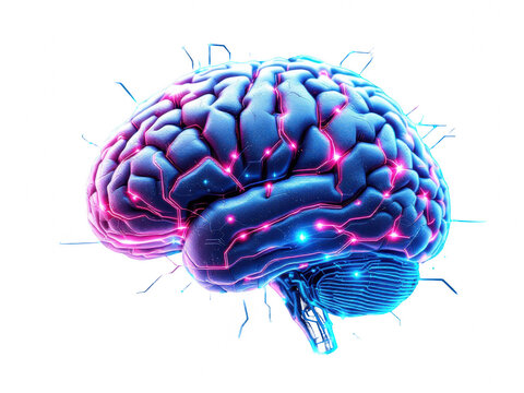 Human brain illustration for medical research and artificial intelligence concept with neon glow effect isolated white background